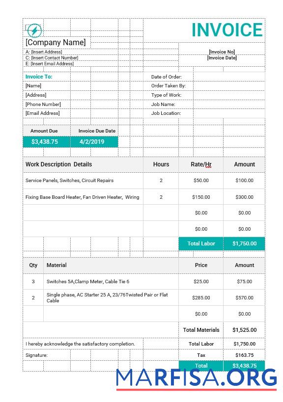 Printable Electrical Work Order Invoice Template